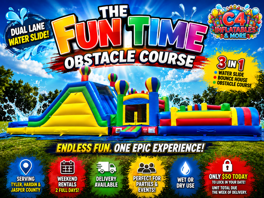 Fun time 3pc obstacle with dual lane slide wet or dry use!