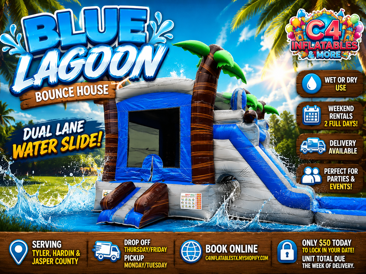 Blue Lagoon Bounce House with dual slides + pool